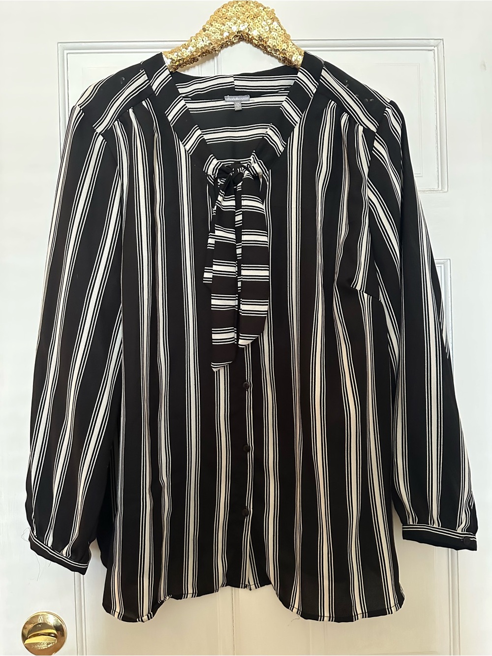 Charlotte Russe Blaxk & White Striped Tie-Neck Blouse Classic Women's Top 2X
